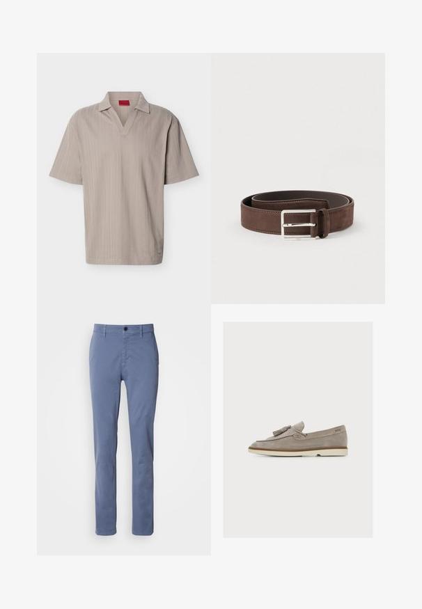 Beige gebreid poloshirt met korte mouwen, voorzien van een geribbelde verticale streepstructuur en een open V-hals kraag.; Blauwe rechte broek met knoop- en ritsluiting, riemlussen en voorzakken, weergegeven op een witte achtergrond.; Lichtbruine suède loafer met kwastjes, lage beige zool en het "BOSS"-logo op de hiel, zijaanzicht op witte achtergrond.; Bruine suède riem met een gladde textuur, zilverkleurige metalen gesp en een eenvoudig ontwerp. Heeft een leren binnenkant en stikseldetails.