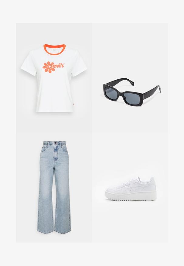 Weißes Baumwoll-T-Shirt mit einem runden orangefarbenen Kragen, das ein großes orangefarbenes Blumenmotiv und den Aufdruck "Levi's" auf der Vorderseite zeigt.; Helle blaue Jeans im weiten Schnitt mit hoher Taille, klassischem Fünf-Taschen-Design und kontrastierenden Nähten. Unfinished Saum am unteren Ende.; Weiße Plattform-Sneaker aus glattem Leder mit perforierten Details und flachen Schnürsenkeln; ausgestattet mit einer dicken weißen Gummisohle.; Schwarze rechteckige Sonnenbrille mit dunkel getönten Gläsern, dickem Kunstrahmen und breiten Bügeln. Glatte Oberfläche und kantiges Design.