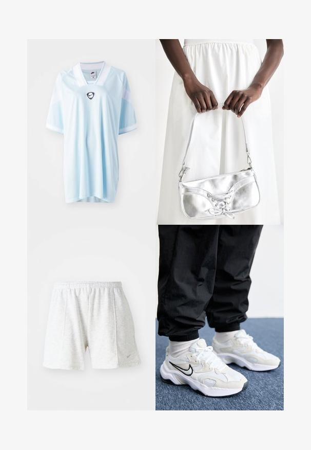 Lyseblå Nike trøje med v-hals, korte ærmer og et sort Nike-logo i midten. Lavet af åndbart, tekstureret stof.; Grå atletiske shorts lavet af letvægtsstof, med elastisk talje, synede accenter og et lille logo på nederste venstre side.; Hvide og lys grå atletiske sneakers med en struktureret overdel, tyk sål og sort swoosh-logo. Båret med sorte joggerbukser og hvide sokker.; Sølvmetallic håndtaske med snøredetaljer, der har et slankt design og en kort strop. Tasken holdes i hænderne for at fremvise dens tekstur.