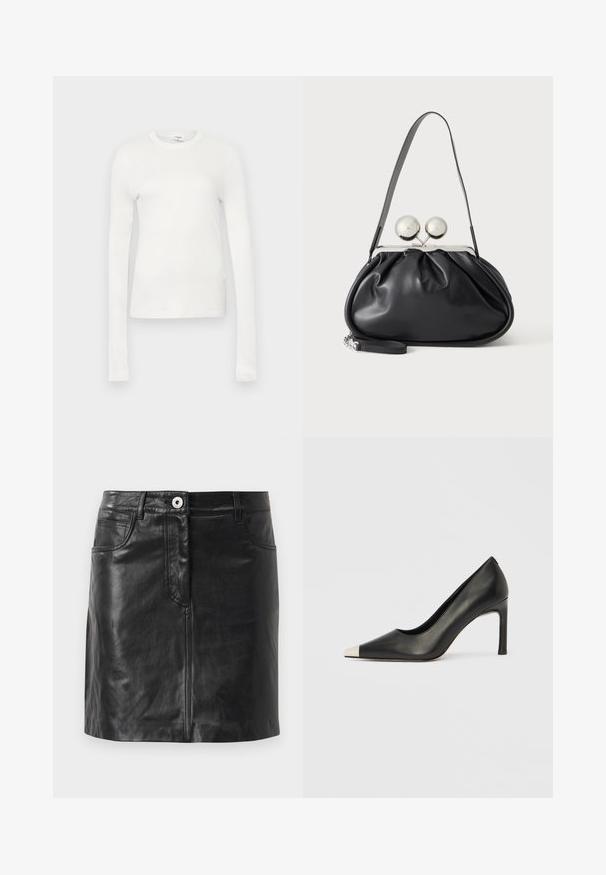 Hvid langærmet t-shirt lavet af blødt bomuld. Har rund halsudskæring, tætsiddende silhuet og glat tekstur. Ingen mønstre eller accenter.; Weekend Max Mara HULL - Pencil skirt - nero; Sort læder højhælet sko med spids tå og metal-sølv hætte. Har en glat finish og en slank hæl på 10 cm.; Sort læderhåndtaske med opsamlet design, en enkelt rem, sølv metalramme og to store runde sølv lukninger.