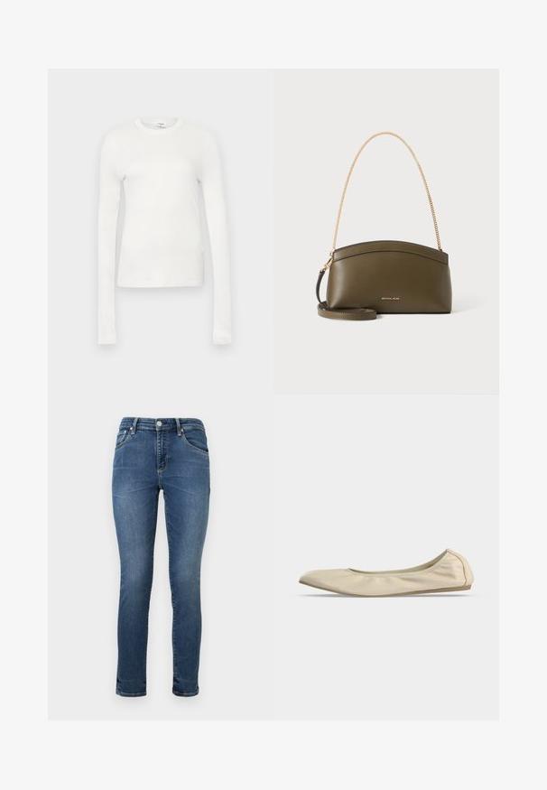 Hvid langærmet t-shirt lavet af blødt bomuld. Har rund halsudskæring, tætsiddende silhuet og glat tekstur. Ingen mønstre eller accenter.; Mørkeblå denim skinny jeans med en almindelig talje, fem lommer og subtil fading nær lårene. Afsluttet med syede sømme.; Beige blødt læder balletsko med rundet tå, lavt snit i siden og tynd gummisål på en ensartet hvid baggrund.; Olivengrøn Michael Kors-håndtaske med guldkæde skulderrem, buet top og lille gyldent logo foran, vist mod hvid baggrund.