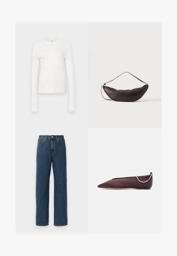 T-shirt à manches longues blanc en coton doux. Il présente un col rond, une silhouette ajustée et une texture lisse. Pas de motifs ni d'accents.; Jeans en denim bleu foncé avec une coupe droite. Comprend cinq poches, des détails de couture subtils et une fermeture à bouton au niveau de la taille.; Chaussure plate marron foncé à bout pointu avec un petit talon et un détail chaîne en strass argentée à l'arrière.; Sac d'épaule en cuir marron foncé en forme de croissant avec une lanière courbée et des coutures visibles sur fond uni.