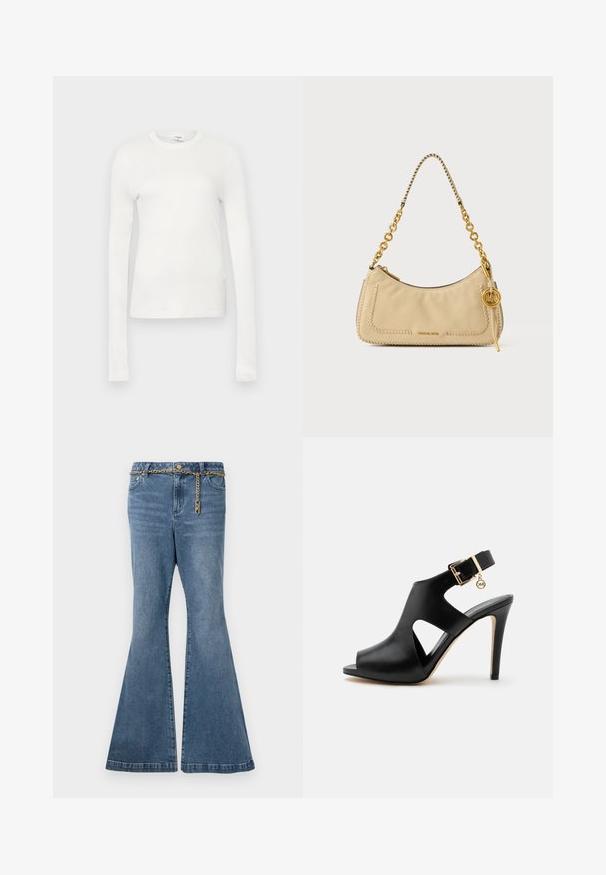 T-shirt à manches longues blanc en coton doux. Il présente un col rond, une silhouette ajustée et une texture lisse. Pas de motifs ni d'accents.; Jean flare en denim délavé moyen, avec un détail en chaîne dorée à la taille et une conception standard à cinq poches.; Sandale noire en cuir à talon haut avec bout ouvert, découpes latérales, bride à la cheville, boucle dorée et petit pendentif rond sur un fond clair.; Sac à épaule en cuir beige avec bords tressés, bandoulière chaîne dorée et pendentif circulaire doré aux initiales MK.