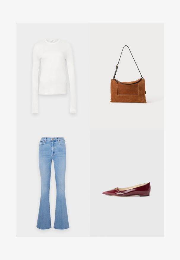 T-shirt à manches longues blanc en coton doux. Il présente un col rond, une silhouette ajustée et une texture lisse. Pas de motifs ni d'accents.; Jean évasé bleu clair à taille haute, fabriqué en denim, avec des poches avant et une texture légèrement délavée.; Ballerines en cuir verni bordeaux avec un bout pointu, présentant un petit détail découpé et un petit talon. Texture lisse et design épuré.; Sac à épaule en daim marron avec une longue bandoulière noire réglable et un détail de poche avant rectangulaire sur fond uni.
