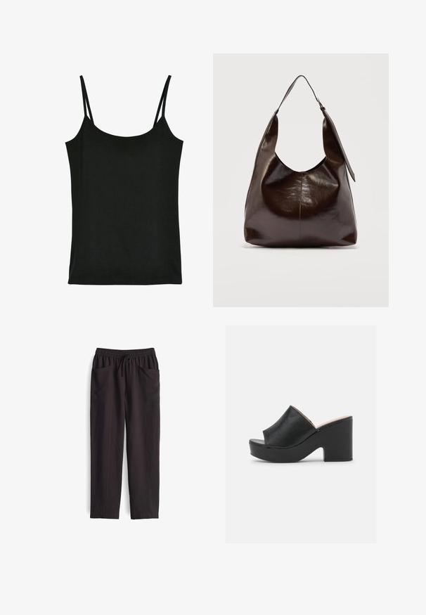 Zwarte tanktop met dunne bandjes, gemaakt van een gladde, lichte stof. Heeft een ronde halslijn en een rechte zoom.; Zwarte, losse broek met een elastische tailleband en verstelbaar trekkoord; heeft twee voorke pockets en een gladde textuur.; Zwarte leren open teen muiltjes met een brede voorkant en een stevige, hoge plateauhak met een gladde textuur. Zijaanzicht weergegeven.; Donkerbruine glanzende leren schoudertas met een enkele brede riem en gespsdetail aan één kant, tegen een effen lichte achtergrond.