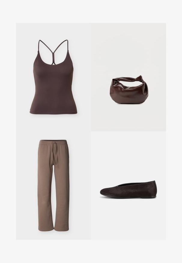 Débardeur marron foncé ajusté avec fines bretelles doubles formant un Y dans le dos, ourlet sans couture.; Pantalon de survêtement à taille élastique marron avec cordon de serrage, jambes droites et coupe décontractée, présenté sur un fond clair uni.; Chaussure plate noire avec un bout arrondi et un petit talon, présentant une surface lisse légèrement texturée et un design simple à enfiler.; Sac bandoulière en cuir marron foncé avec une forme souple et décontractée et une anse nouée torsadée sur un fond blanc uni.