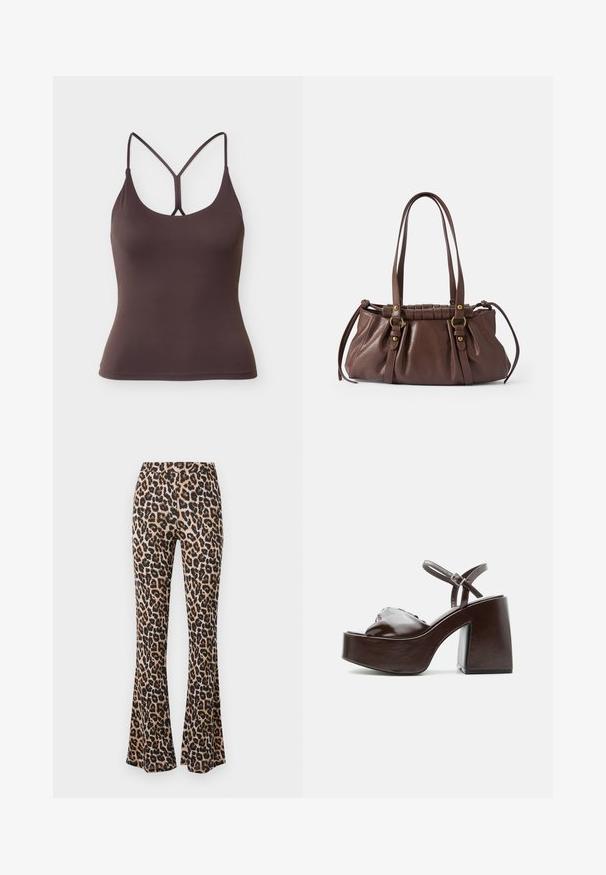 Top tipo tank ajustado de color marrón oscuro con finas tiras dobles en los hombros que forman una forma de Y en la parte trasera, dobladillo sin costuras.; Pantalones acampanados de estampado de leopardo en tono marrón y negro, hechos de una tela suave con una textura lisa, con una cintura ajustada y un dobladillo acampanado.; Sandalia de plataforma de cuero marrón oscuro con tacón grueso de bloque, puntera abierta y correa ajustable en el tobillo con hebilla metálica.; Bolso de cuero marrón con dos asas largas, diseño acanalado, acentos de hardware en tono dorado y un acabado texturizado.