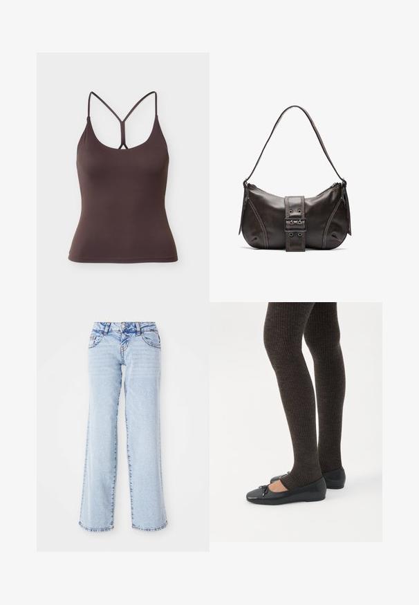 Mørkebrun tætsiddende tanktop med tynde dobbelte skulderstropper, der danner en Y-form på ryggen, sømløs kant.; Lyseblå denimjeans med en afslappet pasform, lige ben og subtilt slid. Har fem lommer og bæltestropper. Distressed kantdetalje.; Ben iført mørke ribbede leggings kombineret med sorte balletsko med små sløjfedetaljer på hvid baggrund.; Brun læder skuldertaske med en buet form, der har et fremtrædende spænde, kontrasterende syninger og en enkelt skulderrem.