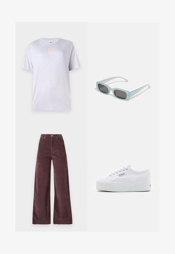 T-shirt en coton lavande clair avec un col rond, des manches courtes, et un imprimé graphique doré représentant des palmiers sur le devant.; Pantalons large à taille haute en velours côtelé mauve foncé, dotés de poches avant et d'une fermeture par bouton.; Baskets en toile blanches avec une épaisse semelle plateforme blanche, bout rond et œillets en métal pour les lacets. Logo de la marque affiché sur le côté.; Une paire de lunettes de soleil rectangulaires avec des montures translucides bleu clair et des verres gris foncé, présentant des branches droites et des détails matériels minimaux.
