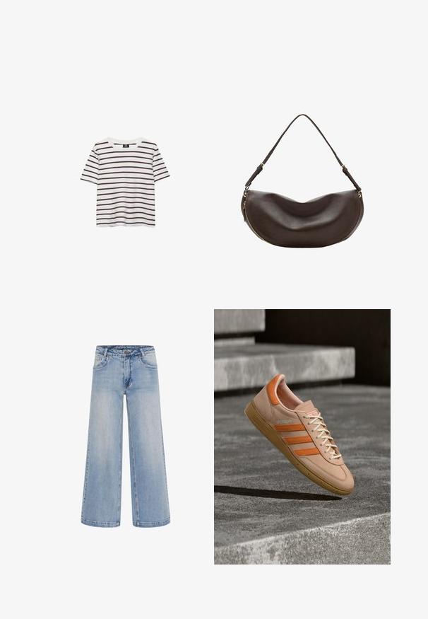 Hvid kortærmet skjorte med jævnt fordelte horisontale mørkebrune striber og rund halsudskæring, lagt fladt på en hvid baggrund.; Lyseblå brede jeans med høj talje, fem lommer og kontrastsyninger. Fremstillet af denim med en glat tekstur.; Beige sneaker med orange striber, polstret krave, tekstureret gummisål og hvide snørebånd. Har et "Spezial"-logo på siden.; Mørkebrun skuldertaske i læder med buet form, justerbar rem og guldfarvet lynlås langs den nederste kant.