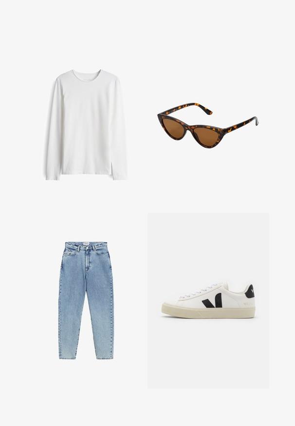 Langsleeve witte t-shirt van zacht katoen. Heeft een ronde halslijn en een rechte snit met minimale naden en geen zichtbare logo's of patronen.; Lichtblauwe denim jeans met een hoge taille, een rechte pijpdesign en contrasterende stiksels. Bevat voor- en achterzakken en een knoopsluiting.; Witte leren sneaker met zwart rubberen V-logo. Getextureerde off-white zool, witte veters en een achterkant met een detail van de merknaam in het zwart.; Cat-eye zonnebril met een zwart en oranje schildpadframe, bruine lenzen en slanke, puntige uiteinden. Bevat een minimalistisch logo op de poot.