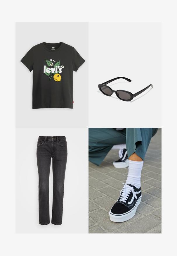 Zwarte katoenen T-shirt met een citroenen graphic, witte tekst met "levi's" en bloemenaccenten in groen en wit. Korte mouwen, ronde hals.; Zwarte denim jeans met een recht model, voorzien van een klassiek vijf-pocket ontwerp, een ritssluiting en contrasterende stiksels langs de naden.; Zwarte suède sneaker met witte accenten en veters, uitgerust met een dikke witte zool en contrasterende stiksels, gecombineerd met een witte sok.; Even&Odd by Zalando Zonnebril - black