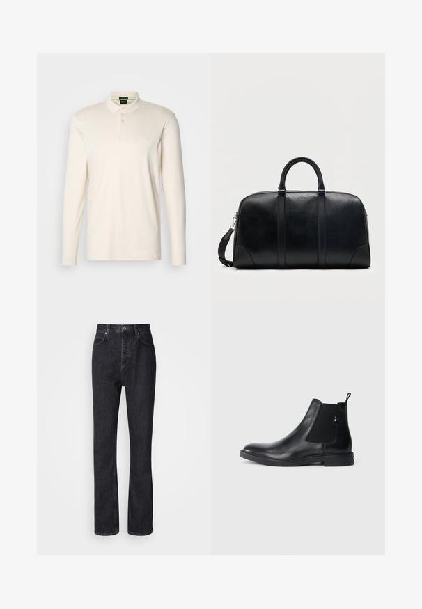 Polo à manches longues en coton ivoire, avec un col, une patte de boutonnage à trois boutons et un logo discret sur la poitrine.; Jean en denim noir taille haute avec fermeture à bouton et à glissière, poches avant et arrière, et coupe droite.; Bottines Chelsea en cuir noir avec des panneaux élastiques sur les côtés, une languette arrière et une semelle en caoutchouc plate. Texture lisse avec un minimum de détails.; Sac de voyage en cuir noir avec deux poignées supérieures, bandoulière amovible et petit logo "Hugo" centré près de la fermeture éclair supérieure.