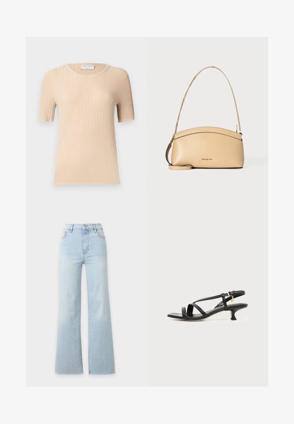 Haut en maille côtelé beige à manches courtes, col rond, coupe ajustée et étiquette "Tiger of Sweden" visible à l'intérieur du col.; Jean en denim bleu clair taille haute avec jambes larges, fermeture à boutons et zip à l’avant, et poches avant, présenté sur un fond uni.; Sandale noire en cuir à brides fines, talon bas kitten, boucle à la cheville et petit pendentif doré sur fond clair uni.; Sac à main en cuir beige avec bord supérieur incurvé, bandoulière chaîne dorée et petit logo doré centré à l'avant.