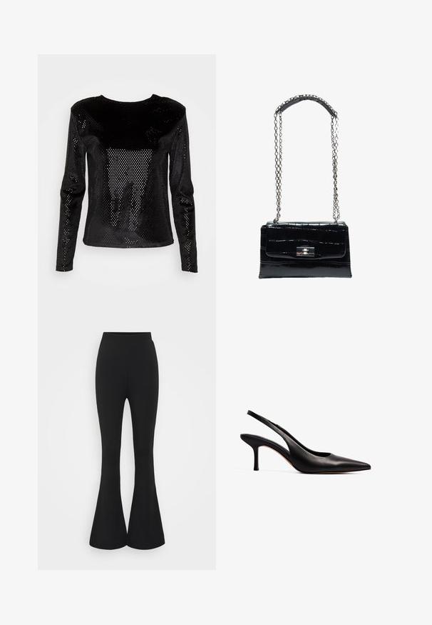 Vero Moda VMSREE - Langærmet T-shirt - black; Sorte flared bukser lavet af et strækbart stof. Designet har en høj talje og en flared nedre kant, der åbner sig under knæet.; NA-KD Pumps - black; Sort håndtaske i krokodilletekstureret læder med sølvfarvet drejelås og lang sølvkæde med læder skulderpude.