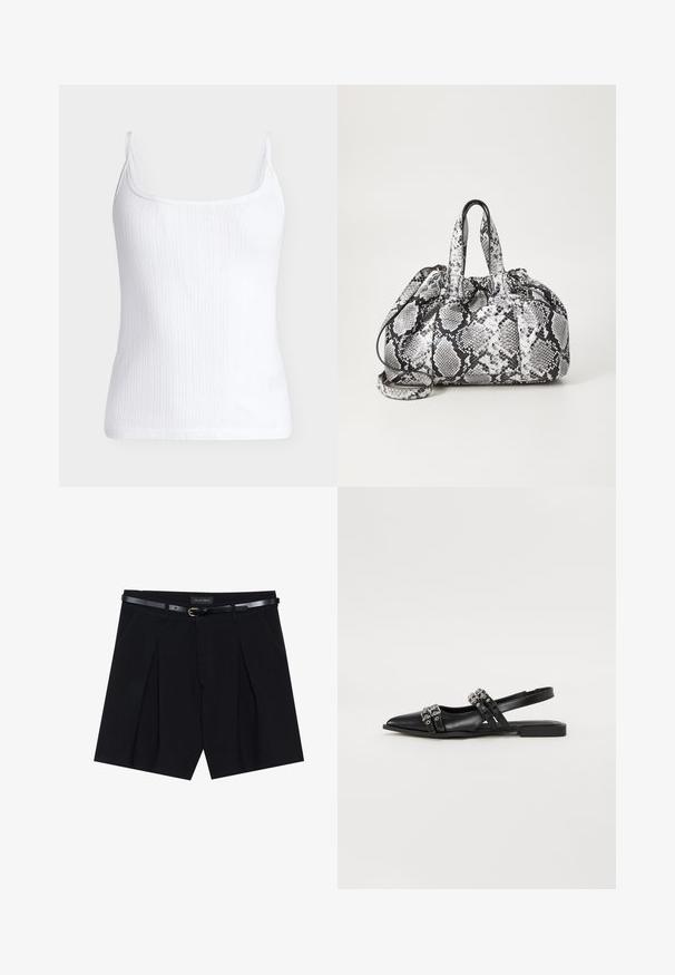 Witte geribbelde gebreide tanktop met dunne bandjes en een licht gegolfde halslijn, afgebeeld op een effen lichte achtergrond.; Zwarte op maat gemaakte shorts met plooien, voorzien van een slanke zwarte riem met een gouden gesp. Gemaakt van een soepele stof, die een verfijnde uitstraling biedt.; Even&Odd by Zalando Slingback ballerina´s - black; Zwart-wit handtas met slangenhuidpatroon, voorzien van twee handvaten, een trekkoordsluiting en een afneembare schouderriem. Hanteert een gladde textuur.