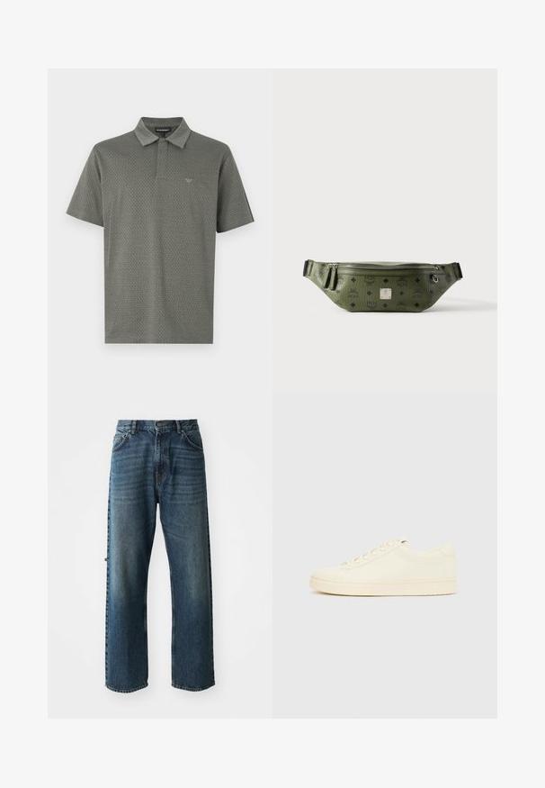 Kortærmet polo i mørkegrøn med et struktureret geometrisk mønster, krave og diskret logo broderet på brystet.; NN.07 OTIS - Jeans Straight Leg - stonewashed; Sneaker i cremefarve med en glat læderoverdel, rundet tå, snørelukning foran og en tekstureret gummisål. Minimalistisk design uden logoer.; Olivengrøn tekstureret læder talletaske med sorte logoer, sølv lynlås, dobbelt lynlåstræk og central sølv brandplade.