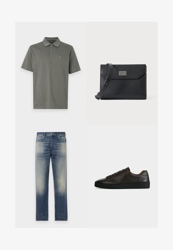 Polo à manches courtes de couleur vert foncé avec un motif géométrique texturé, col classique et logo discret brodé sur la poitrine.; Jean en denim bleu à coupe droite, présentant des décolorations et des détails de frottement subtils à l'avant, un design à cinq poches et des passants de ceinture.; Baskets basses en cuir marron foncé avec semelle en caoutchouc noire, lacets à l'avant et design minimaliste épuré sur fond clair.; Sac bandoulière en cuir noir texturé avec sangle réglable et plaque logo métallique à l'avant, fermeture à rabat rectangulaire de style enveloppe.