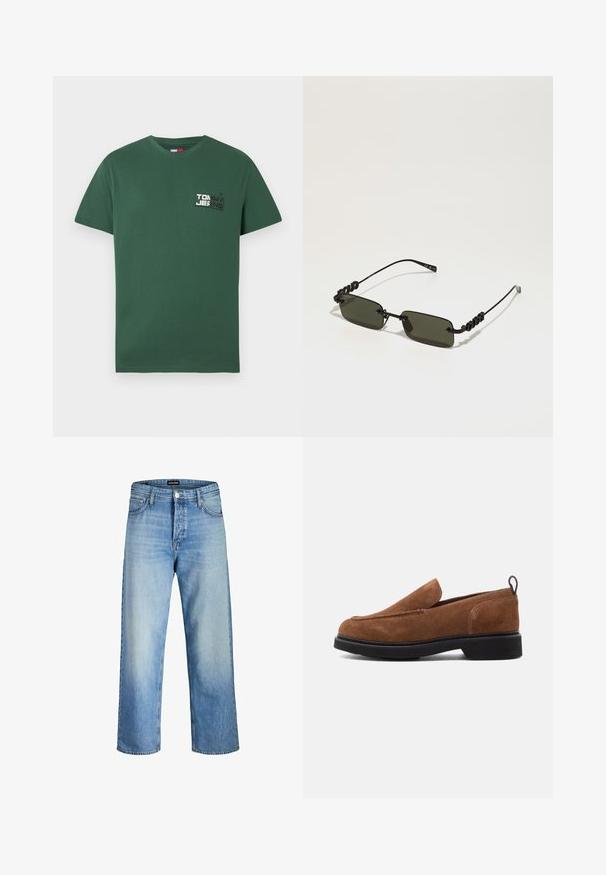 Πράσινο βαμβακερό T-shirt με κοντά μανίκια, διαθέτει ένα μικρό τυπωμένο λογότυπο στο αριστερό μέρος του στήθους σε ασημί και μαύρα χρώματα.; Ανοιχτό μπλε τζιν παντελόνι με χαλαρή εφαρμογή, διαθέτοντας ψηλή μέση, εμπρόσθιες τσέπες και ίσια κοπή ποδιών, με λεπτές αποχρώσεις φθοράς.; Καφέ σουέτ παντόφλες με στρογγυλή μύτη, μαύρη καουτσούκ σόλα και μικρό τακούνι. Διαθέτουν διακοσμητική ραφή στο πάνω μέρος.; Μαύρα μεταλλικά γυαλιά ηλίου με ορθογώνιους σκούρους πράσινους φακούς, που διαθέτουν μια μοναδική σχεδίαση καμπύλης πλαισίου. Μινιμαλιστικός σχεδιασμός με διακριτική σήμανση.