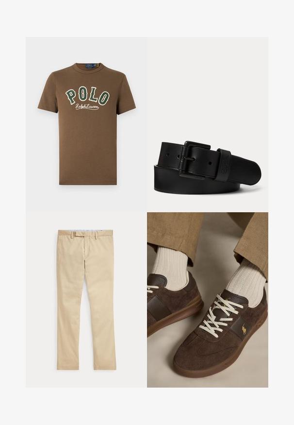 T-shirt marron à manches courtes avec texte "POLO Ralph Lauren" vert et blanc sur le devant et petit logo joueur de polo blanc près de l'ourlet inférieur.; Pantalon beige à jambes droites avec passants de ceinture et braguette zippée à l'avant, posé à plat sur un fond blanc.; Baskets en daim marron avec lacets blancs portées avec des chaussettes côtelées beiges et un pantalon marron clair.; Ceinture en cuir noir avec une boucle rectangulaire noire et un logo embossé sur la boucle, roulée sur un fond clair uni.