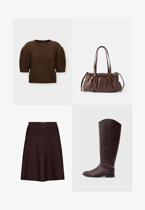 Pull court à manches courtes marron duveteux avec un col rond et une coupe légèrement carrée et ample.; Jupe trapèze marron foncé avec une ceinture ajustée, en tissu lisse et texturé, présentée sur fond blanc.; Botte en cuir marron foncé montant jusqu'au genou, avec un talon plat et un petit charm argenté décoratif près de la cheville sur fond blanc.; Sac à main en cuir brun avec deux longues poignées, design froncé, accents en métal doré et finition texturée.