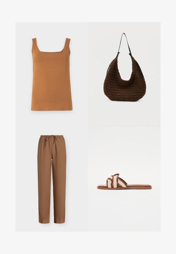 Brun ærmeløs tanktop med firkantet udskæring. Fremstillet af blødt, elastisk stof med rene sømme og jævn tekstur.; Brune løstsiddende bukser med elastisk taljebånd og bindebånd foran, lige ben og opsmøgede kanter på ensfarvet baggrund.; Brune flade sandaler med brede vævede stofremme, der har en glat syntetisk sål og et minimalistisk design.; Brun vævet håndtaske med en blød, afrundet form og en enkelt slank sort skulderrem mod en ensfarvet baggrund.