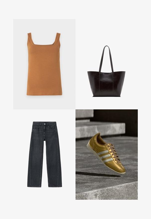 Brun ærmeløs tanktop med firkantet udskæring. Fremstillet af blødt, elastisk stof med rene sømme og jævn tekstur.; Viddebukser i mørkegrå denim. Har forlommer og et klassisk fem-lomme design. Knaplukning og subtile falmede detaljer.; Guld læder sneakers med tre hvide striber, snørelukning, perforerede detaljer og en lysefarvet gummisål.; Sort læder tote taske med glat tekstur, bred krop og to lange stropper. Har vertikal syning for ekstra design detalje.
