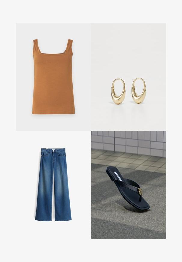 Bruine mouwloze tanktop met een vierkante halslijn. Gemaakt van zacht, rekbaar stof met nette naden en een egale textuur.; Wijde denimjeans in medium blauw met een gladde textuur. Bevat twee voorzakken en een klassieke knoopsluiting bij de taille.; Zwarte Steve Madden teenslipper met doorgestikte band en gouden hartvormige versiering, rustend op asfalt nabij betegelde muur.; Gouden hoopoorbellen met een gebogen, buisvormige vorm. Glad, glanzend oppervlak met een naadloze scharnierbevestiging. Eenvoudig en elegant ontwerp.