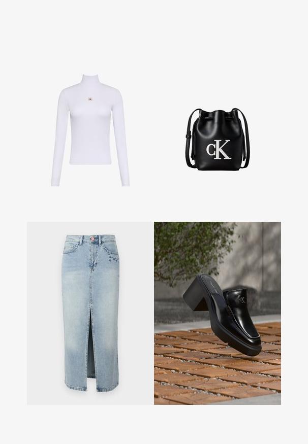 Witte lange mouwen coltrui top met een klein Calvin Klein-logo midden op de borst.; Fabienne Chapot CARLYNE SKIRT - Jeansrok - light blue tinted; Zwarte leren Calvin Klein slip-on mule met blokhak rustend op houten tegels buiten, vlak bij een groene plant en een grijze muur.; Zwarte leren bucketbag met koordsluiting aan de bovenkant en wit "cK" logo aan de voorkant, met een verstelbare schouderband.