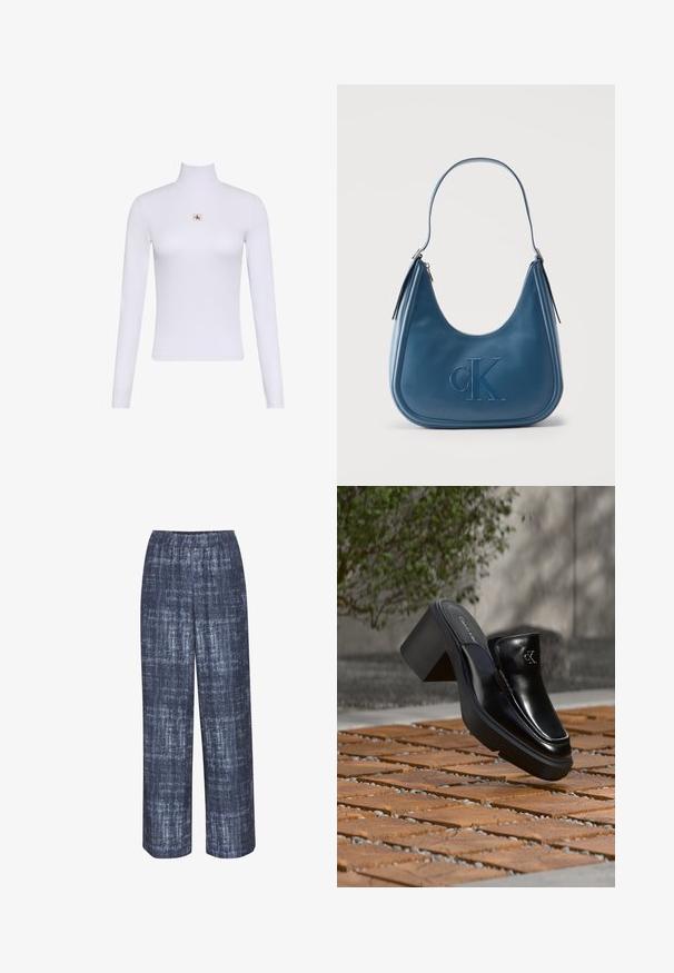 Haut blanc à manches longues avec col roulé et petit écusson du logo Calvin Klein centré sur la poitrine.; Gestuz DEMIA PANTS - Pantalon classique - dark blue; Mule slip-on en cuir noir Calvin Klein avec talon bloc reposant sur des carreaux en bois à l'extérieur près d'une plante verte et d'un mur gris.; Sac bandoulière en cuir bleu avec logo CK embossé centré à l'avant et détails de fermeture éclair argentés sur les deux côtés.