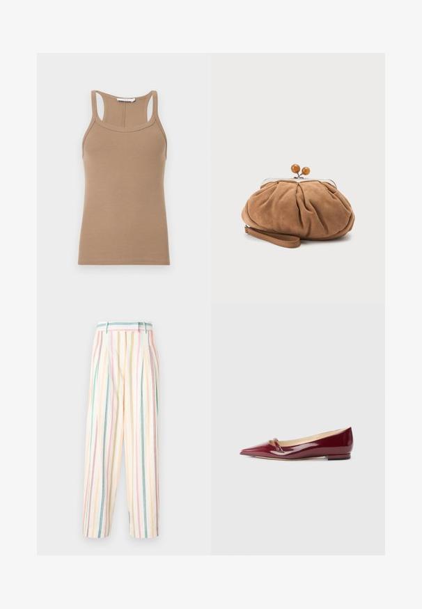 Top beige sin mangas de punto acanalado con diseño de espalda racer y escote redondeado, mostrado plano sobre un fondo claro.; Pantalones de pierna ancha a rayas de algodón, con colores pastel de rosa, amarillo, verde y azul, con pliegues y un ajuste relajado.; Bailarinas de charol burdeos con punta afilada, que presentan un pequeño detalle de corte y un tacón bajo. Textura suave y diseño elegante.; Pequeño bolso de mano marrón suave de ante con tela fruncida, cierre metálico, detalles de cuentas de madera y correa para la muñeca sobre fondo blanco.