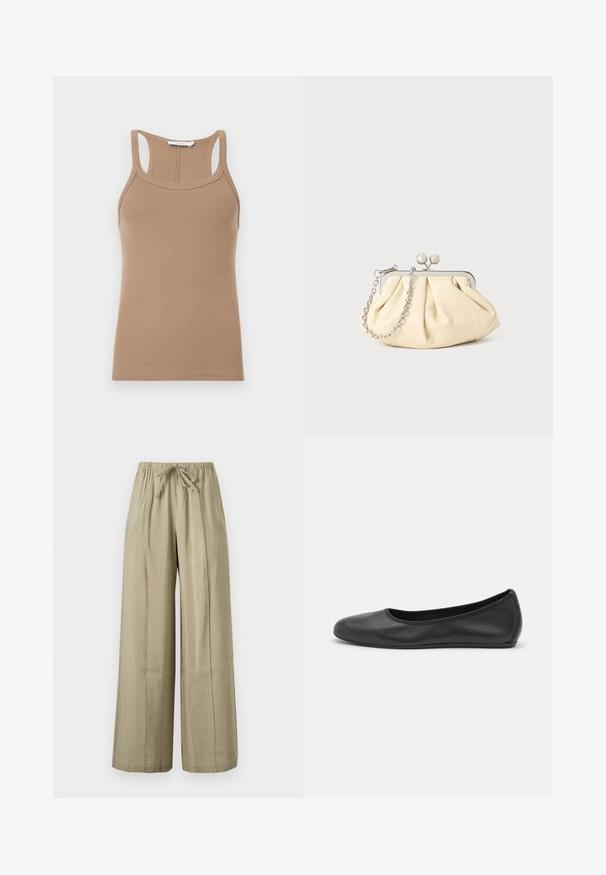 Débardeur beige en maille côtelée sans manches avec un dos nageur et un col rond, présenté à plat sur un fond clair.; Pantalon beige à jambes larges avec taille élastique et lien à l’avant, en tissu léger pour un usage décontracté.; Ballerines en cuir noir avec un bout rond, texture lisse, détails de couture minimalistes et design de semelle flexible.; Pochette en cuir beige plissé avec un cadre en métal argenté, dotée de deux fermoirs ronds décoratifs et d'une chaîne en argent.