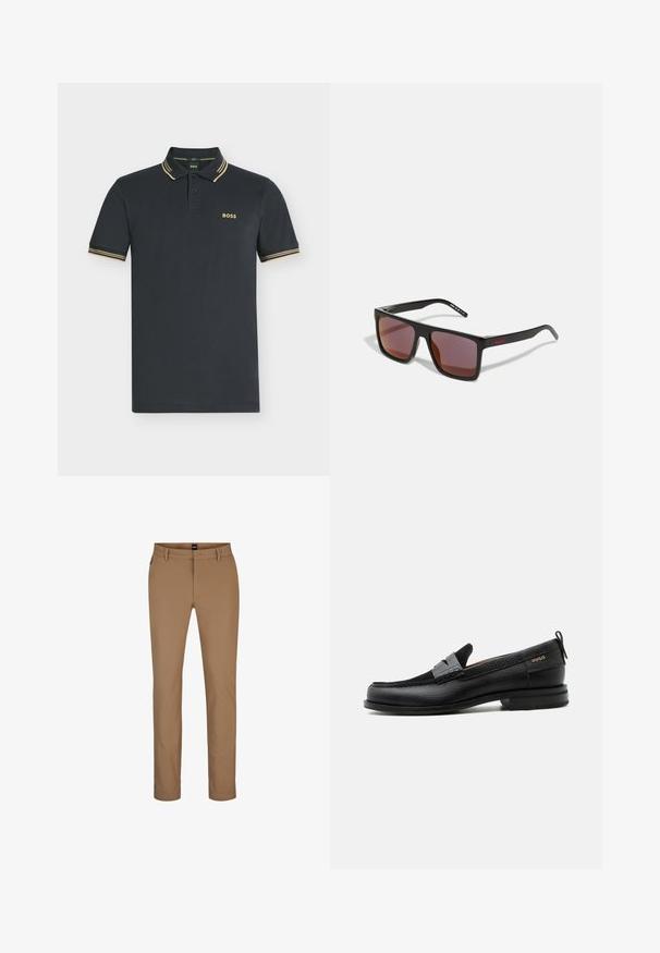 Polo bleu marine foncé à manches courtes avec des doubles rayures beige sur le col et les manches, avec le logo « BOSS » sur la poitrine gauche.; Pantalon marron clair en mélange de coton avec une coupe droite, poches avant et fermeture éclair. Matériaux minimaux et sans motifs visibles.; Mocassin en cuir noir avec détail de bride grise, talon bas et semelle texturée, marqué "HUGO" en or sur le côté.; Lunettes de soleil rectangulaires noires avec des verres rouge foncé, présentant une finition mate et un logo rouge sur la branche. Monture en plastique robuste.