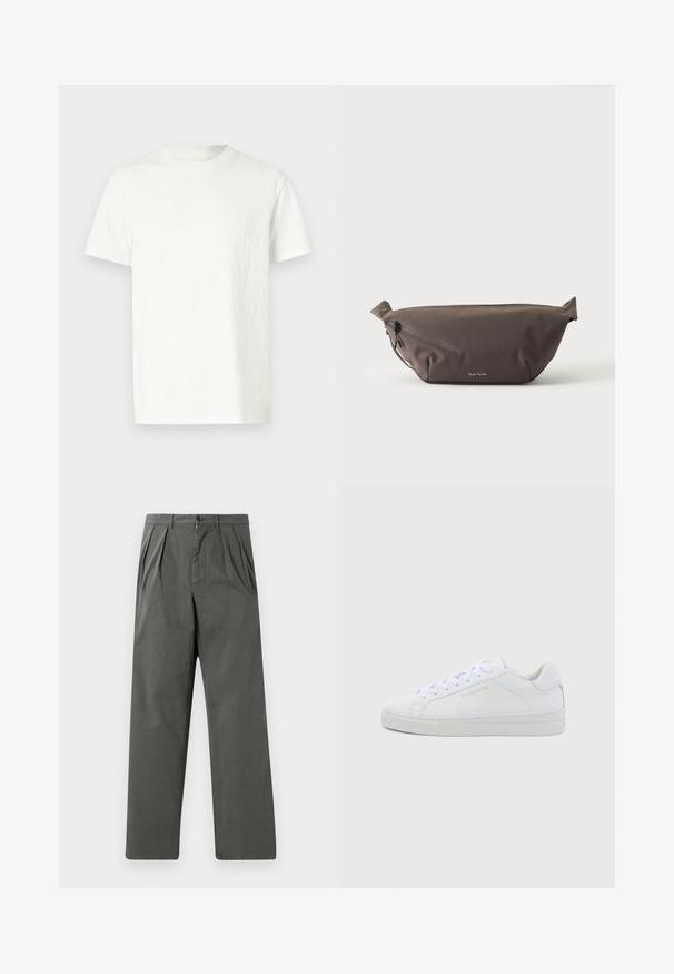 T-shirt blanc à manches courtes avec une surface légèrement texturée et un col rond. Pas de motifs visibles ni de détails matériels.; Pantalons légers plissés en coton gris foncé avec une coupe droite. Comprend une fermeture à bouton à l'avant et des passants de ceinture.; Baskets basses en cuir blanc avec bout rond, lacets plats, semelle texturée et logo discret doré sur le côté. Surface lisse et design minimaliste.; Sac banane en tissu marron foncé avec poche zippée en diagonale et petit logo blanc sur le devant, sur un fond clair uni.