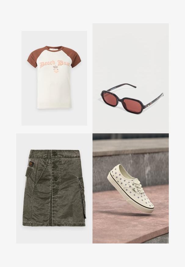 Kurzärmliges Raglan-T-Shirt mit braunen Ärmeln, cremefarbenem Körper und dem Schriftzug "Beach Bum" mit Kronen- und Herzgrafiken auf der Brust.; Olivgrüner Rock mit Knopfverschluss, gefertigt aus strukturierter Stoff, mit einer Seiten Tasche und gestickten Details. Reguläre Passform, knielanges Design.; Weißer Vans-Sneaker mit hellblauem Blumenmuster, weißen Schnürsenkeln und schwarzem Streifen auf der Sohle, der über rosa Steinstufen schwebt.; Schildpatt-Sonnenbrille mit ovalen Rahmen, rötlichen Gläsern und schlanken Bügeln. Verfügt über ein kleines goldenes Detail und eine Markenkennzeichnung am Bügel.