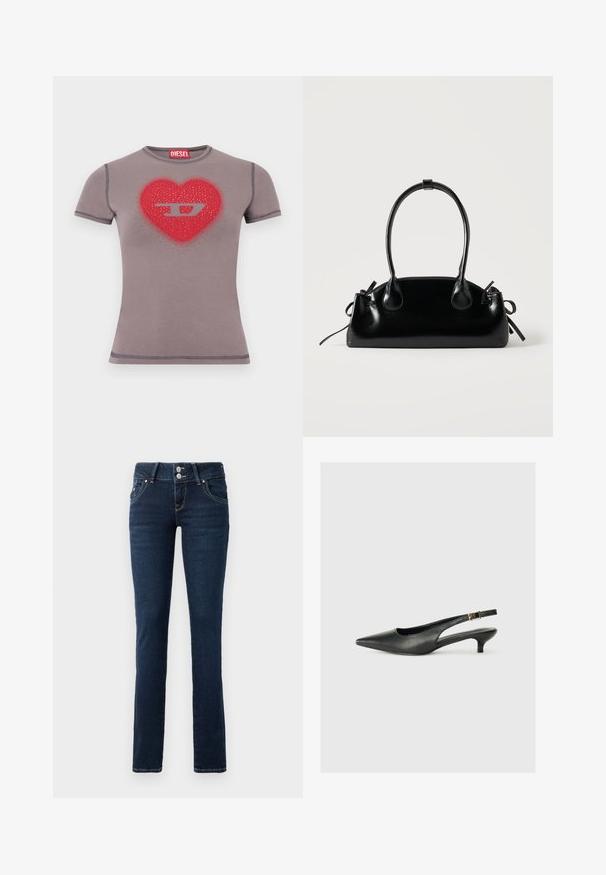 Getailleerd grijs T-shirt met korte mouwen, met een rood hart en een zilveren "D"-logo op de borst, versierd met kleine studs.; Donkerblauwe skinny jeans met dubbele knoopsluiting, voorzakken en gele stiksel op een witte achtergrond.; Zwarte puntschoen met slingback van soepel leer. Kenmerkt zich door een dunne hak en een gespdetail op de verstelbare band.; Kleine zwarte glanzende handtas met twee lange hengsels en zijkant trekkoord details op een effen lichte achtergrond.