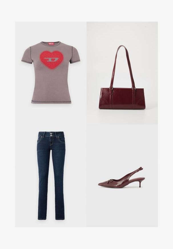 Eng anliegendes graues T-Shirt mit kurzen Ärmeln, rotem Herz und silbernem "D"-Logo, das mit kleinen Nieten auf der Brust verziert ist.; Dunkelblaue Skinny-Jeans mit doppelt-knopfverschluss, Fronttaschen und gelben Nähten auf einem weißen Hintergrund.; Bordeauxfarbene Leder-Slingback-Pumps mit spitzem Zehenbereich, verstellbarem Riemen und dekorativem Schleifchen vorne. Absatzhöhe von 7,5 cm.; Burgunderfarbene Handtasche aus glänzendem Material, rechteckige Form, mit zwei Schulterriemen und subtilen, geschwungenen Akzenten an der Vorderseite.