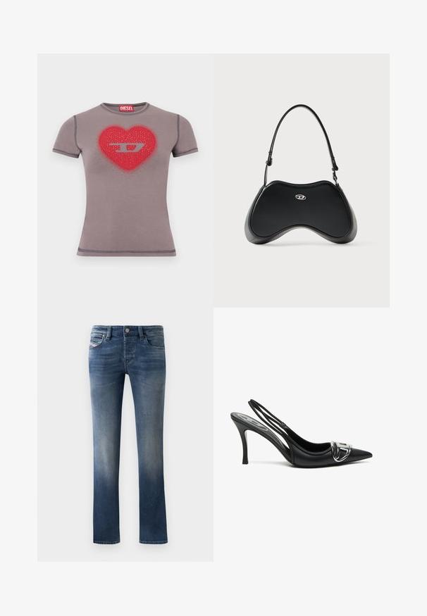 Camiseta ajustada de manga corta en gris con un corazón rojo y un logo "D" plateado adornado con pequeñas tachuelas en el pecho.; Jeans de denim azul oscuro con un diseño de pierna recta, que presentan un ligero desgaste en los muslos y un estilo clásico de cinco bolsillos.; Zapatos de tacón alto de charol negros con tira trasera y punta afilada, que presentan un detalle de hebilla plateada brillante y un tacón delgado. Textura de cuero suave, diseño minimalista.; Bolso de mano de cuero sintético negro con una forma curva única, asa corta y un detalle de logo plateado en el frente. Textura suave, diseño minimalista.