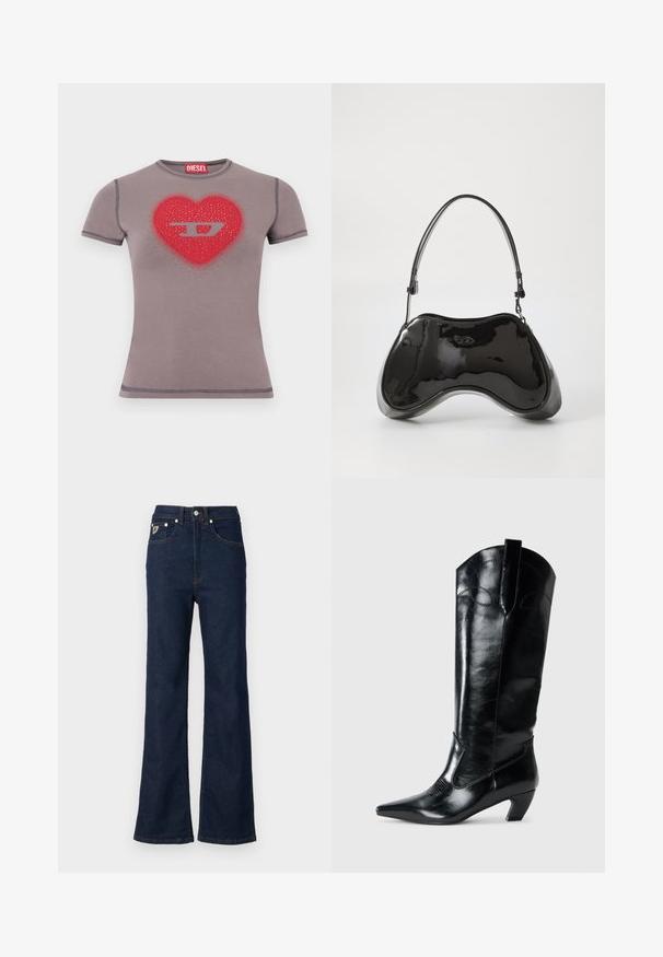 Camiseta ajustada de manga corta en gris con un corazón rojo y un logo "D" plateado adornado con pequeñas tachuelas en el pecho.; Jeans acampanados de un azul oscuro hechos de denim, con una cintura alta, cinco bolsillos y costuras naranjas en contraste. Incluye cierre de botón metálico.; Botas de cuero negras hasta la rodilla con punta afilada, tacón bajo y detalle de costura decorativa en los laterales. Acabado suave y brillante.; Bolso de mano de piel sintética negra con un diseño curvado único, asas cortas y ajustables, y abertura con cremallera en la parte superior. Textura suave con una sutil marca.