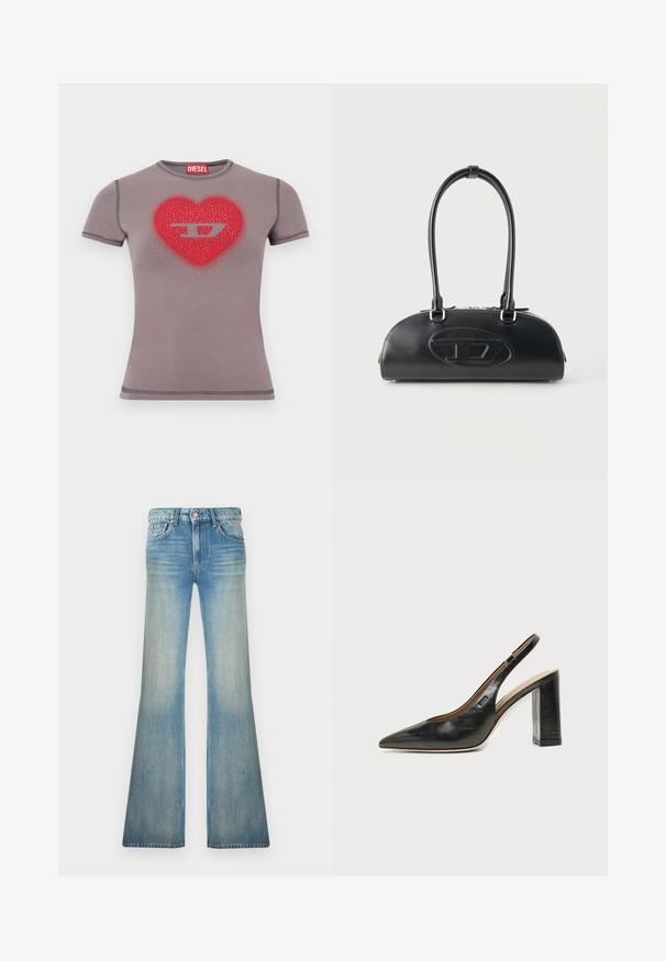 T-shirt gris ajusté à manches courtes avec un cœur rouge et un logo "D" argenté orné de petits clous sur la poitrine.; Jean en denim bleu clair taille haute, bouton à l’avant, texture délavée et jambes évasées larges.; Chaussure slingback en cuir noir à bout pointu avec un talon bloc haut et une doublure intérieure beige sur un fond clair uni.; Sac à main en cuir noir avec longues poignées doubles et logo ovale embossé sur le devant, présenté sur un fond clair uni.
