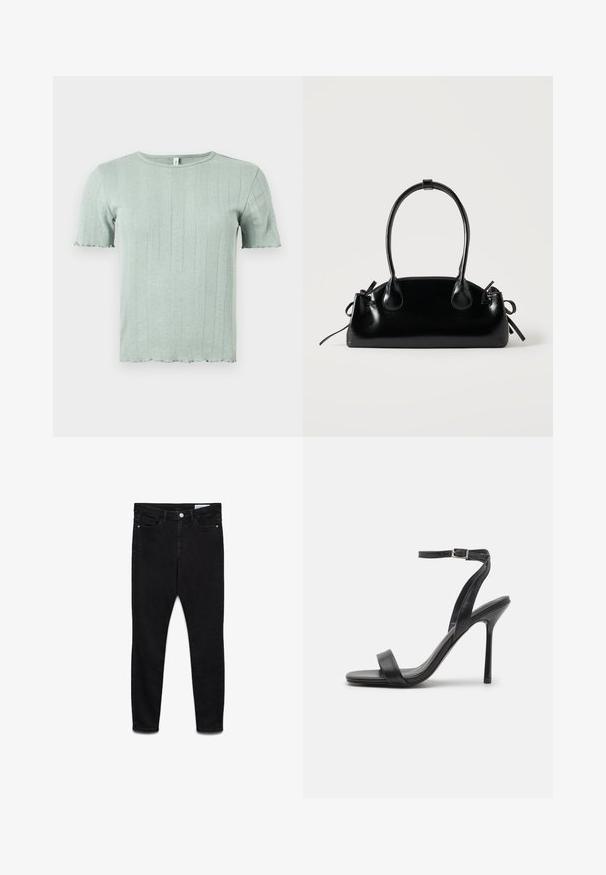 Lichtgroen gebreid shirt met korte mouwen, verticale ribbels en subtiele ajourdetails, met een ronde halslijn en licht gerimpelde randen.; Zwarte high-waist skinny jeans met knoop en ritssluiting aan de voorkant, twee voorzakken en twee achterzakken, plat uitgespreid op een witte achtergrond.; Zwarte hoge hakken sandaal met een slanke enkelband en twee voorste banden. Gemaakt van soepel leer met een slanke puntneus en een stiletteloze hak.; Kleine zwarte glanzende handtas met twee lange hengsels en zijkant trekkoord details op een effen lichte achtergrond.