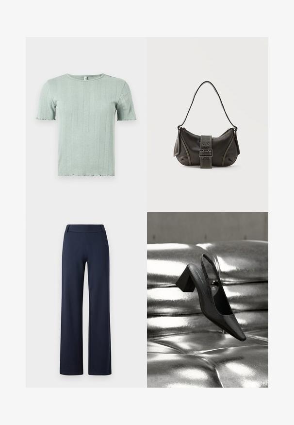 Lichtgroen gebreid shirt met korte mouwen, verticale ribbels en subtiele ajourdetails, met een ronde halslijn en licht gerimpelde randen.; Marineblauwe wijde broek gemaakt van zacht, rekbaar materiaal. Kenmerkt zich door een vlakke tailleband en een gladde textuur; geen zichtbare patronen of hardware.; Zwarte slingback hak met een puntige neus, voorzien van een getextureerd oppervlak en een stevige blokhak. Geplaatst tegen een glanzende, metallic achtergrond.; Zwarte leren schoudertas met gespsluiting aan de riem, afgeronde hoeken en contrasterende witte stiksels op een effen achtergrond.