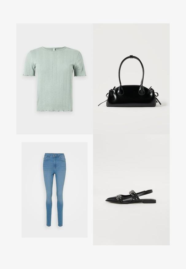 Haut tricoté à manches courtes vert clair avec côtes verticales et détails subtils en œillets, doté d'un col rond et de bords légèrement froncés.; Jeans en denim bleu skinny à taille haute, avec des poches avant et une fermeture éclair. Présente un léger délavage et des détails de couture le long des coutures.; Even&Odd by Zalando Ballerines à brides arrière - black; Petit sac à main noir brillant avec deux longues anses et des détails à cordon sur les côtés sur un fond clair uni.