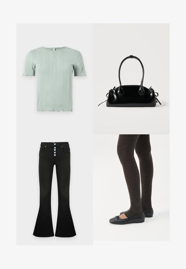 Haut tricoté à manches courtes vert clair avec côtes verticales et détails subtils en œillets, doté d'un col rond et de bords légèrement froncés.; Jean évasé noir taille haute, braguette à cinq boutons, texture en denim doux et détails de coutures discrètes sur les poches et les coutures.; Jambes portant des leggings côtelés foncés associés à des ballerines noires avec de petits détails en nœud sur fond blanc.; Petit sac à main noir brillant avec deux longues anses et des détails à cordon sur les côtés sur un fond clair uni.