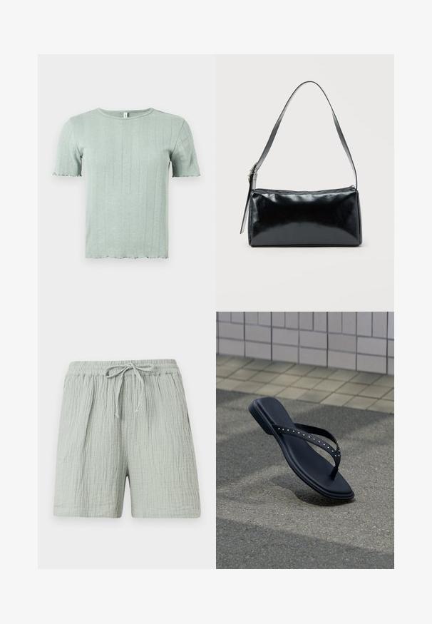 Haut tricoté à manches courtes vert clair avec côtes verticales et détails subtils en œillets, doté d'un col rond et de bords légèrement froncés.; Shorts en coton gris clair texturé avec une taille élastique et un cordon à nouer à l'avant, conçus pour une tenue décontractée.; Sandale noire de type tong avec des brides cloutées suspendue au-dessus du pavé en asphalte près du bord d’un mur carrelé.; Sac d'épaule rectangulaire noir avec une sangle réglable unique et une fermeture éclair supérieure sur un fond uni.