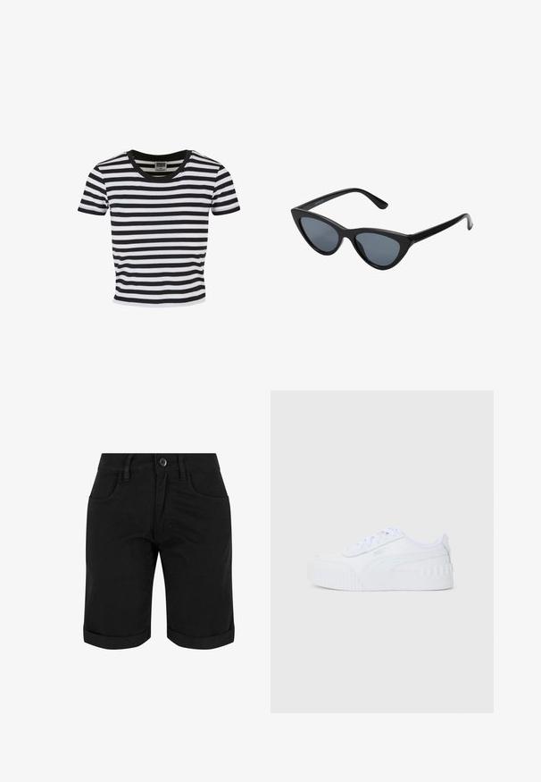T-shirt à manches courtes rayé noir et blanc avec un col rond, fabriqué en jersey de coton. Accentué par une bordure noire unie.; Shorts en coton noir avec fermeture à bouton, présentant des revers, deux poches avant et une texture lisse.; Baskets Puma blanches montantes avec fermeture à lacets, semelle en caoutchouc texturée et logo de la marque sur le côté et l'onglet arrière.; Lunettes de soleil noires en forme d'œil de chat avec des verres gris foncé, monture en plastique élégante, coins pointus et branches droites. Pas de métal visible ni d'accents.