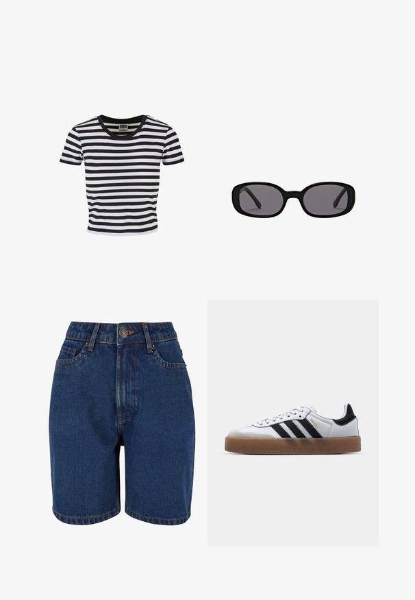 Schwarz-weiß gestreiftes kurzärmliges T-Shirt mit einem runden Ausschnitt, hergestellt aus Baumwolljersey. Mit einem einfarbigen schwarzen Saum akzentuiert.; Denim-Shorts in dunklem Blau, mit hoher Taille, Fünf-Taschen-Design und kontrastierenden orangefarbenen Nähten. Der Stoff wirkt strukturiert.; Weiße Leder Sneakers mit schwarzen Streifen, Gummigummi-Außensohle, runder Zehenform, Schnürverschluss und weichem grauem Wildleder-Zehenkappe.; Schwarze ovale Sonnenbrille mit dicken Rahmen und dunklen Gläsern auf schlichtem weißem Hintergrund.