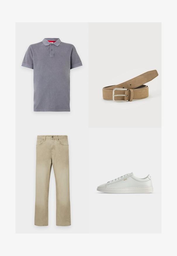 Grijze polo met een zachte textuur, een sluiting met drie knopen, korte mouwen en een subtiele logo op de borst. Versterkt met een rode binnenkraag.; Beige katoenen broek met een rechte pijp, voorzien van voorzakken en een klassieke knoopsluiting. Soepele textuur met subtiele vervaging.; Witte lage leren sneaker met veters, platte zool en klein gouden "BOSS" logo aan de zijkant, gezien vanaf de buitenkant.; Lichtbruine suède riem met zilveren metalen gesp, opgerold en geplaatst op een wit oppervlak.