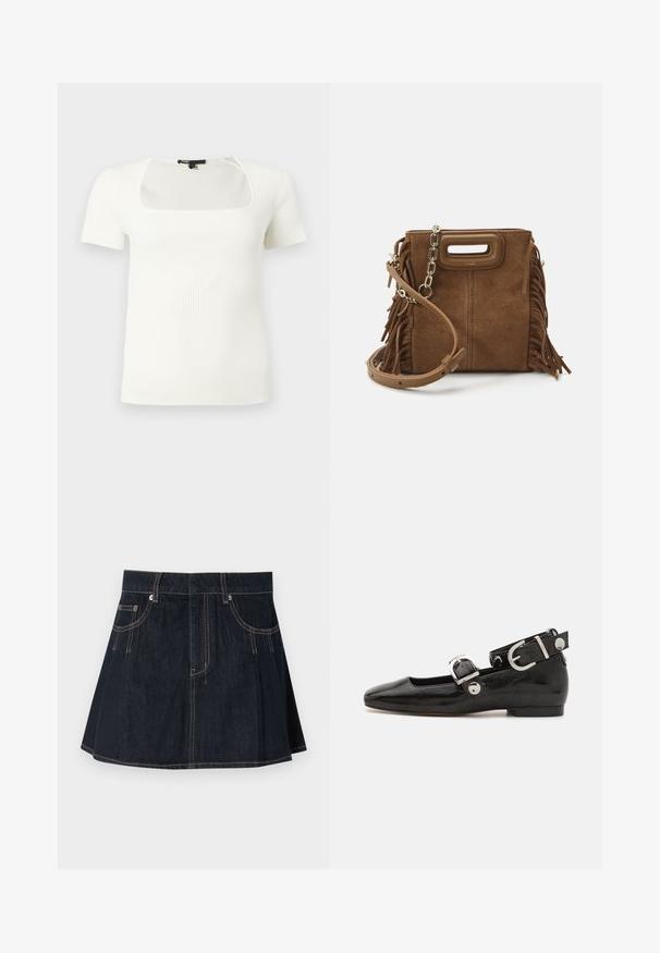 Witte geribbelde top met korte mouwen, een vierkante halslijn en een aansluitend silhouet.; Denim rok in donkerblauw, met een uitlopende uitstraling, riemlussen, voorzakken en contrasterende stiksels langs de naden.; Zwarte gepatineerde leren platte schoen met een vierkante neus, enkelband met zilverkleurige hardware en platte zool. Gladde textuur met minimalistisch ontwerp.; Maje MINI - Schoudertas - camel