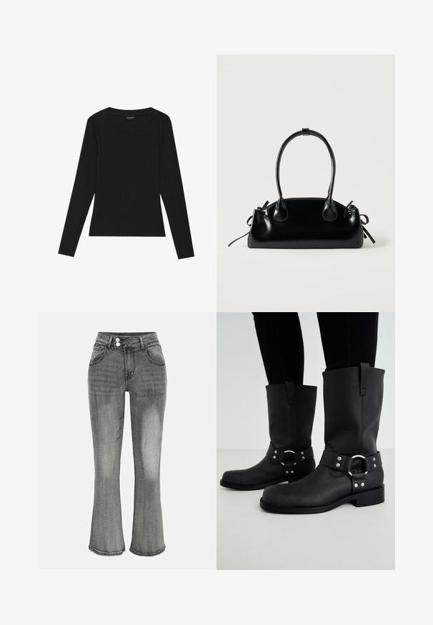 Sort langærmet ribbet top med rund halsudskæring og tætsiddende silhuet. Stoffet har en glat tekstur og en strækbar kvalitet.; Grå denimjeans med høj talje, dobbelt knaplukning, forlommer og let udvidede ben.; ONLY SHOES ONLBAX - Cowboy- / bikerstøvler - black; Lille sort blank håndtaske med to lange håndtag og snøre-detaljer i siden på en ensfarvet lys baggrund.
